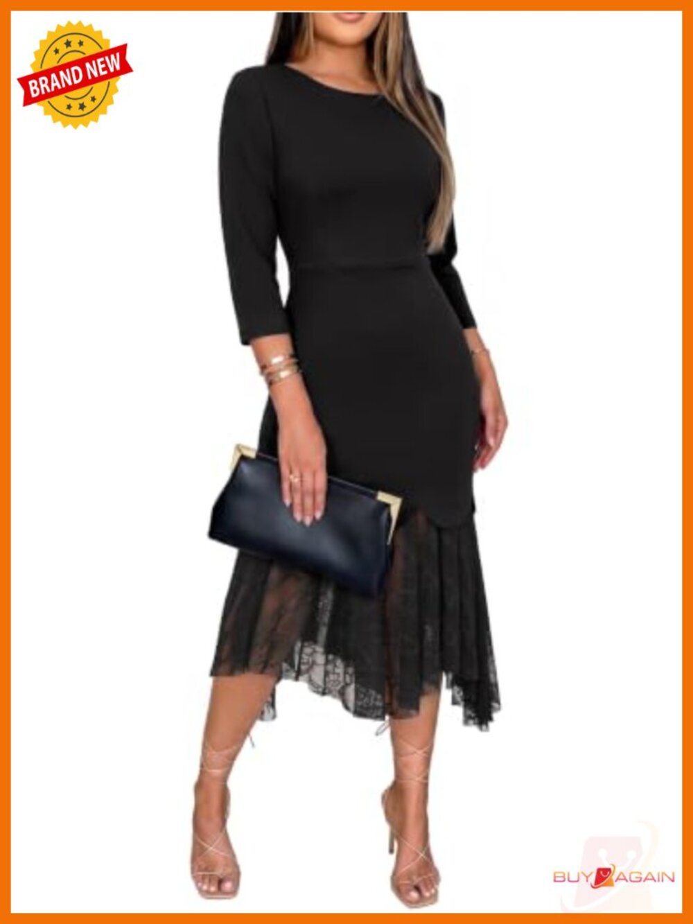 Womens Midi Dress 3/4 Sleeve Lace Hem Bodycon Semi Formal Wedding Guest